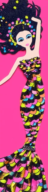 Free colorful bookmark featuring a mermaid in a tight pink dress style